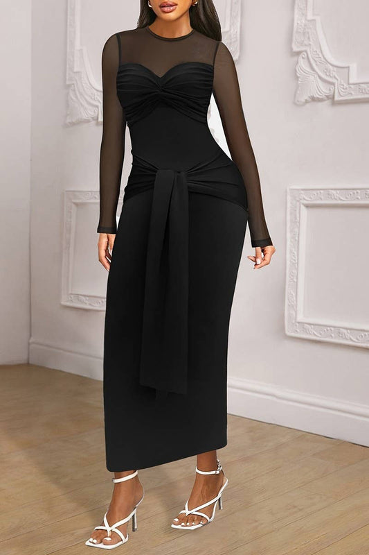 CWDMD5064_ELEGANT STITCHING SEE-THROUGH ROUND NECK DRESS