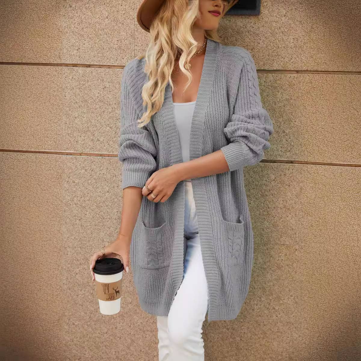 KNIT LOOSE PATCHWORK POCKET V-NECK KNIT COAT