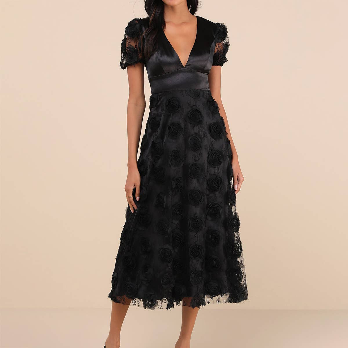 MESH SPLICED SHORT SLEEVE V-NECK 3D ROSE DRESS