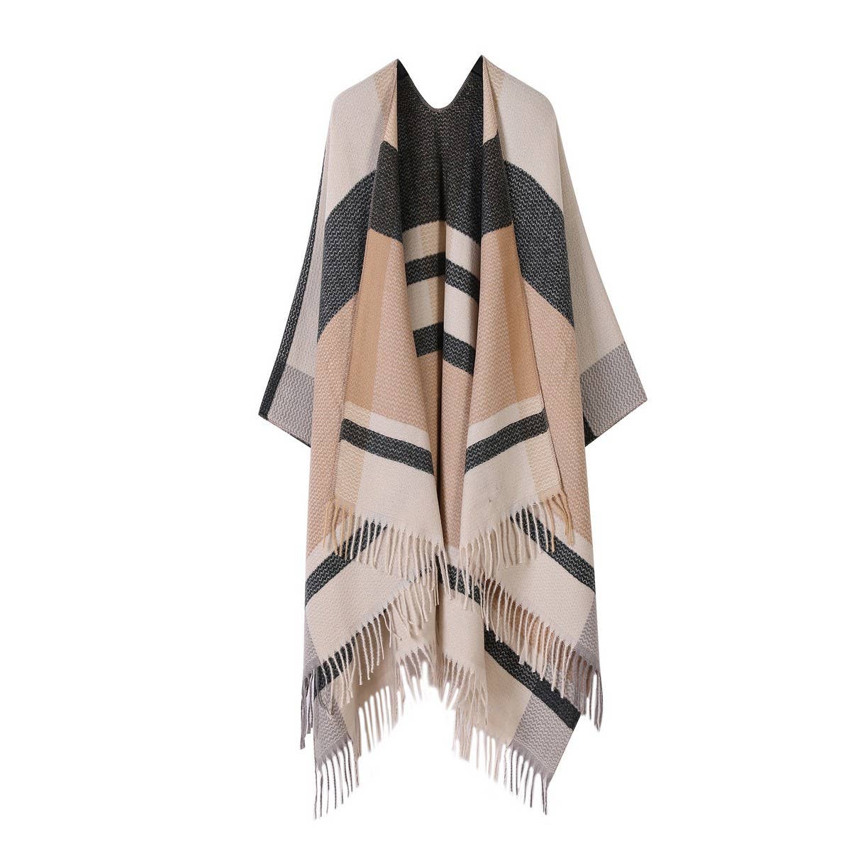 FRINGED SLIT SHAWL PLAID SCARF WARM CAPE