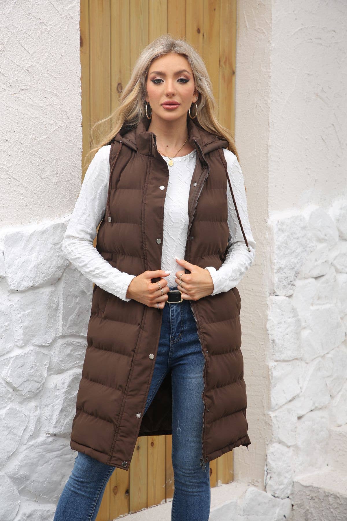 Solid-color hooded sleeveless cotton-padded vest