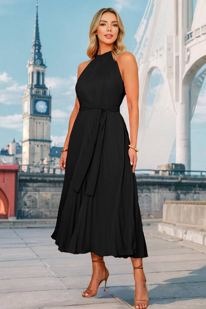 CWDMD6199_SLEEVELESS PLEATED HIGH NECK PARTY DRESS