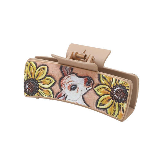 WESTERN SUNFLOWER CALF PATTERN LEATHER CLAW CLIPS_CWAHA0594