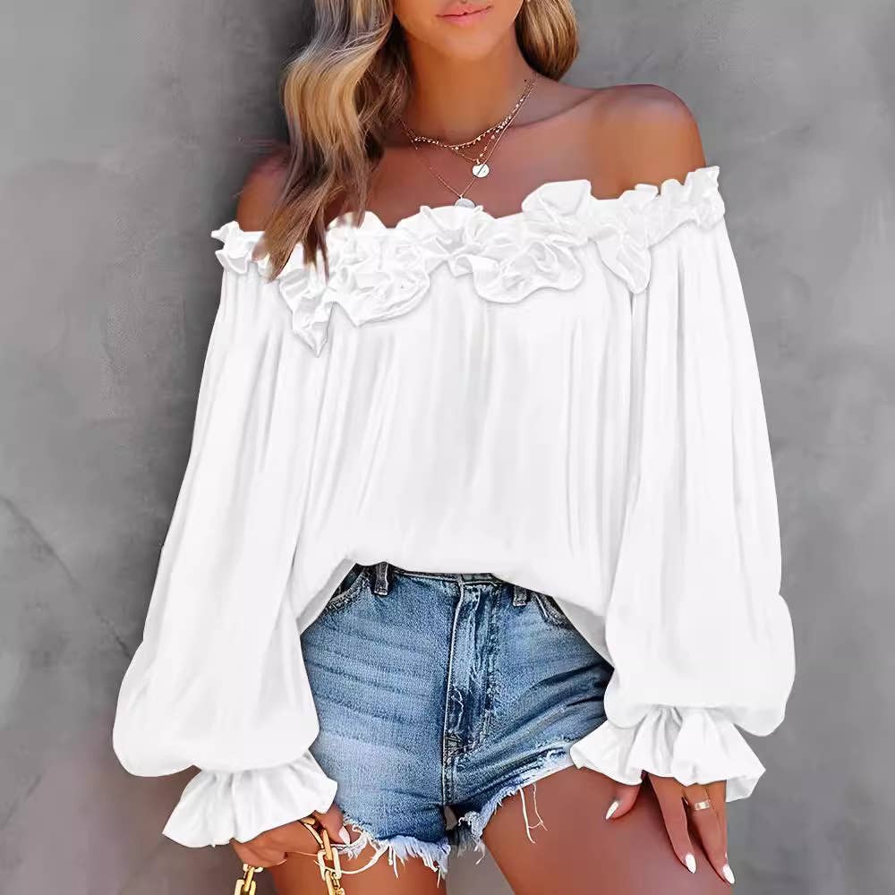 SEXY SOLID COLOR RUFFLED SHOULDER TOP
