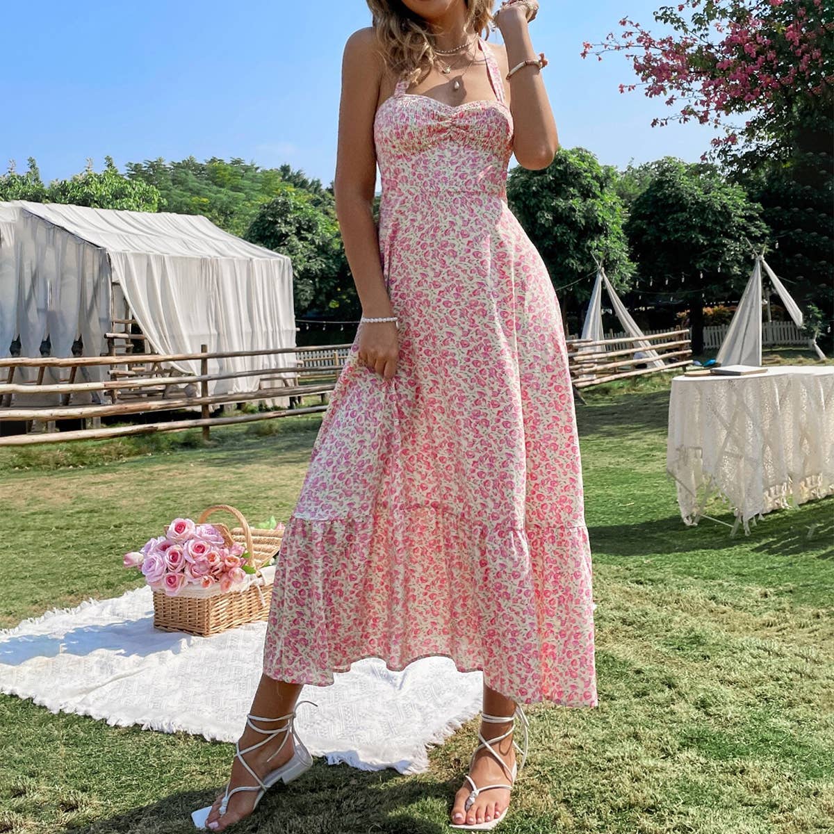 High-Waisted,Off-The-Neck Sleeveless Dress