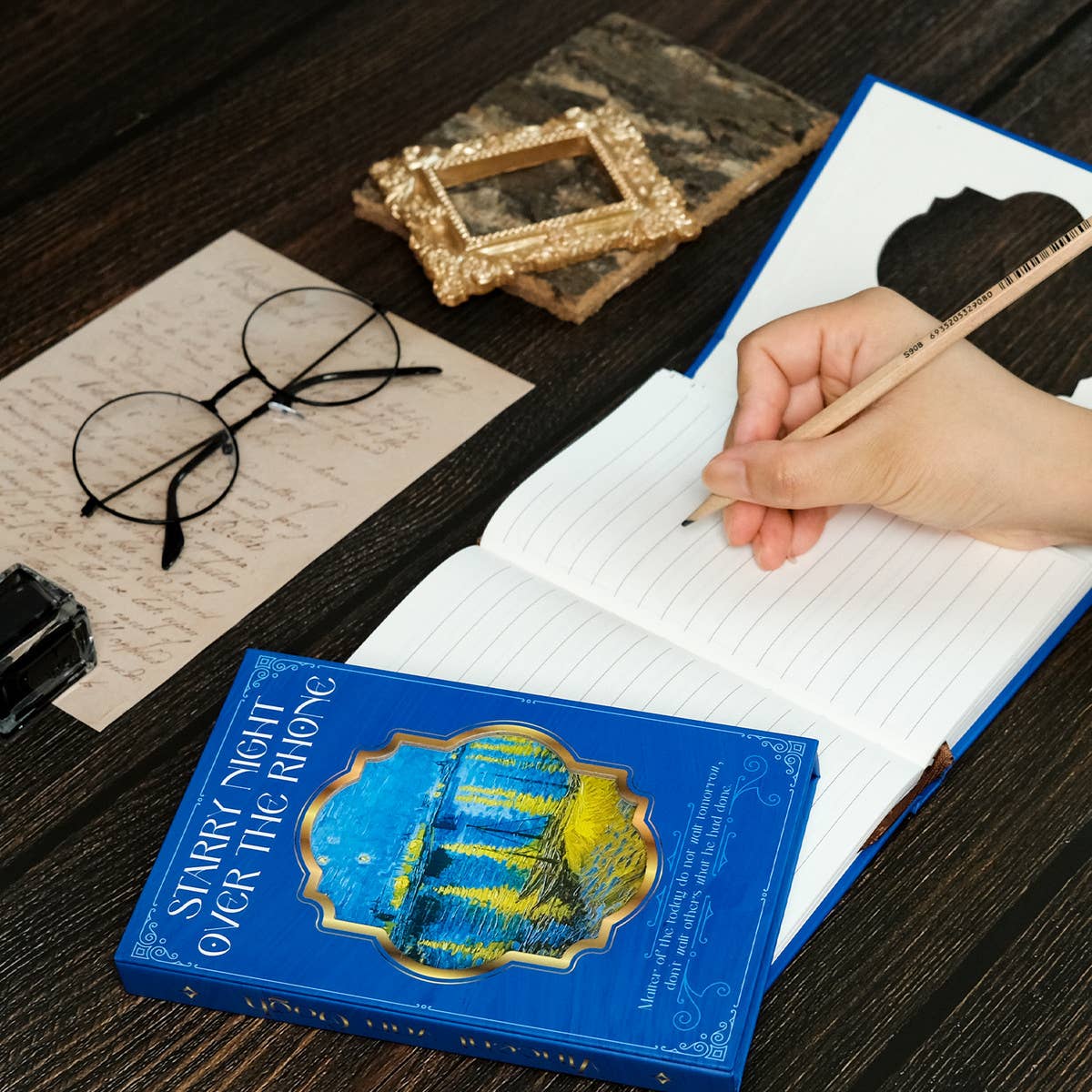 VINTAGE OIL PAINTING STAR AND MOON BLUE NOTEBOOK