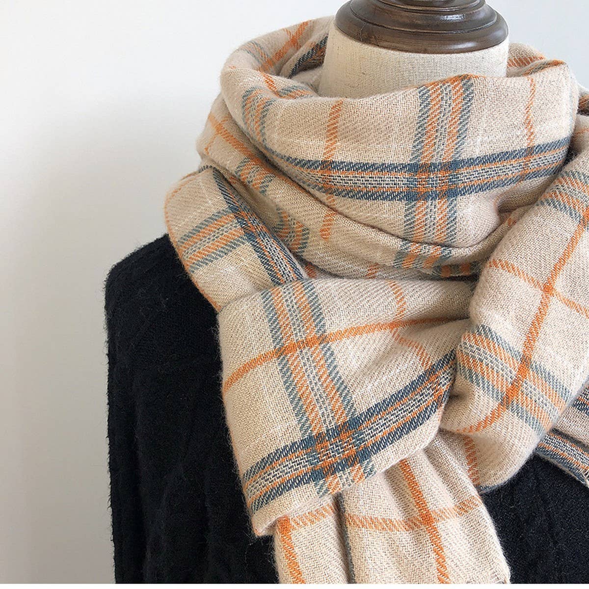 Plaid Faux Cashmere Scarf-Cozy Fringe Winter Wrap_CWASC1459