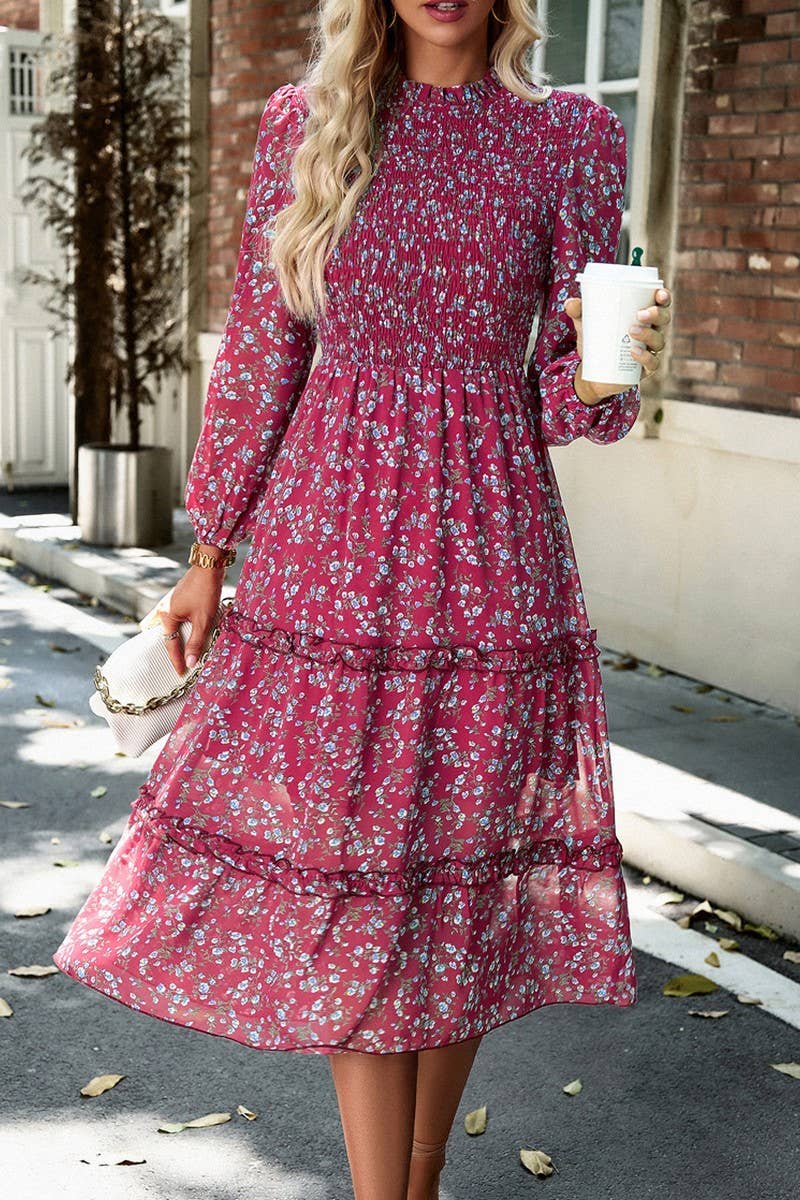 WOMENS CASUAL FLORAL WOODEN EAR EDGE DRESS_CWDMD0711