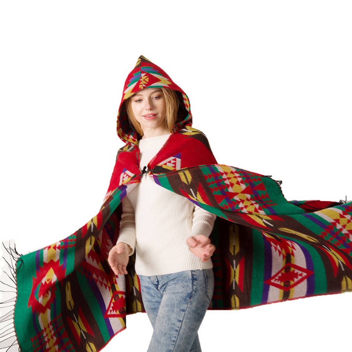 HORN BUTTON BOHEMIAN HOODED CAPE SHAWL