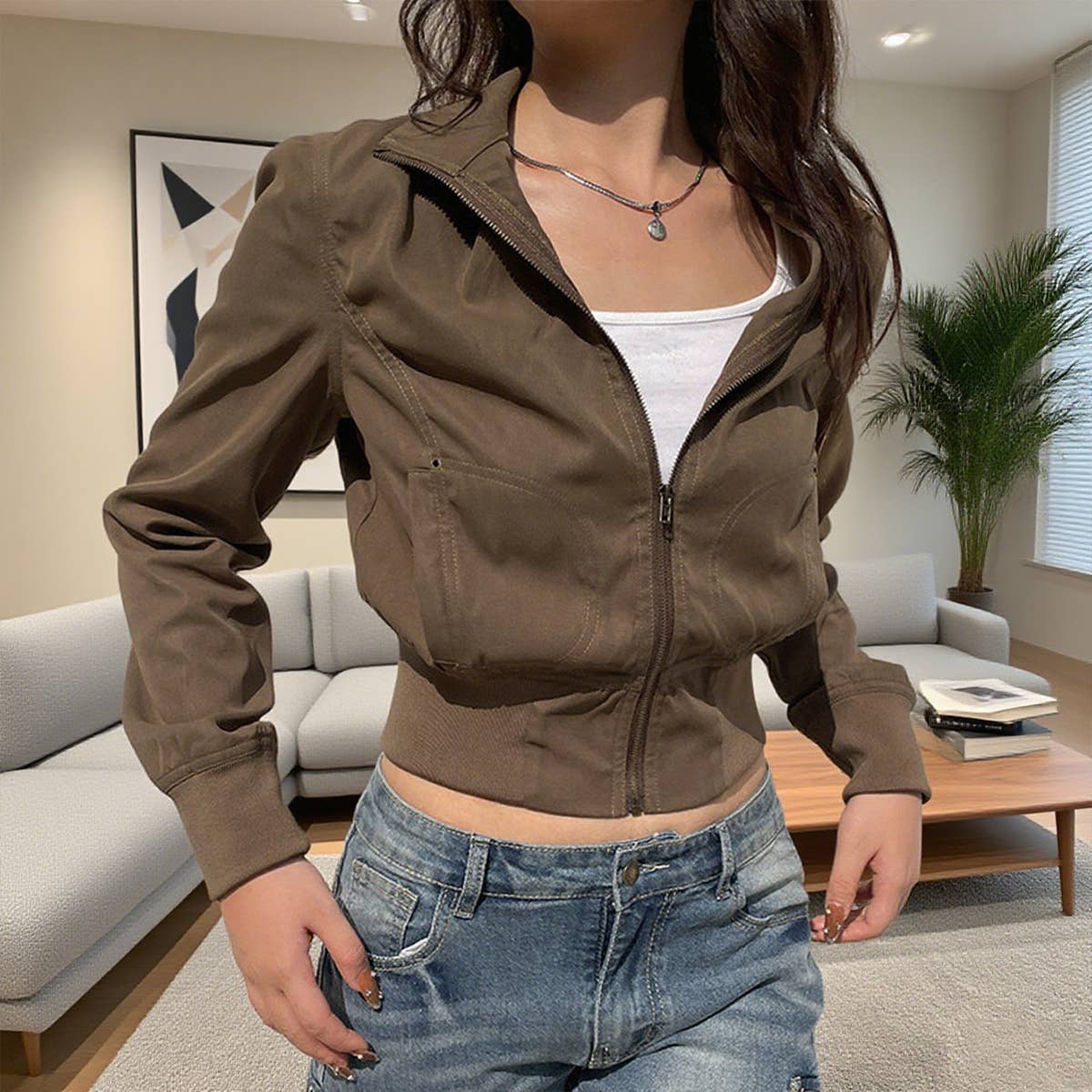 Waist-cinching zipper stand-up collar jacket