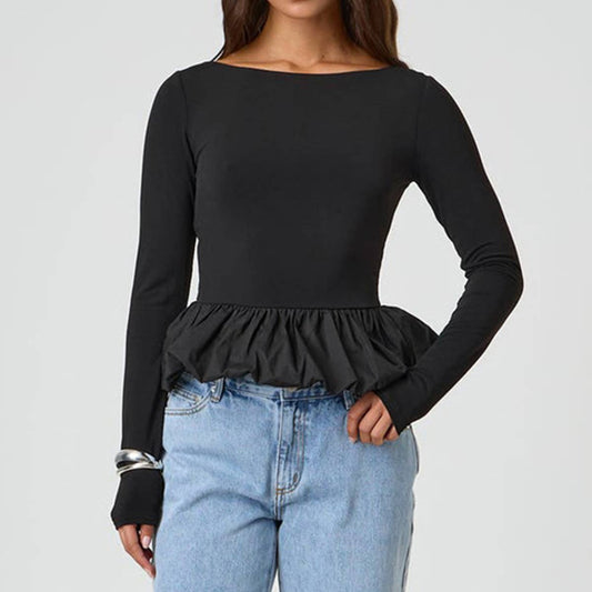 SOLID COLOR CREW NECK PATCHWORK LONG SLEEVE TOP