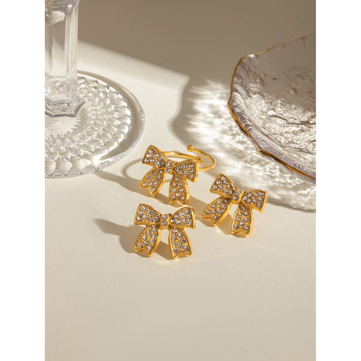 RETRO HIGH-END BOW EARRINGS AND RING SET_CWAJE1887