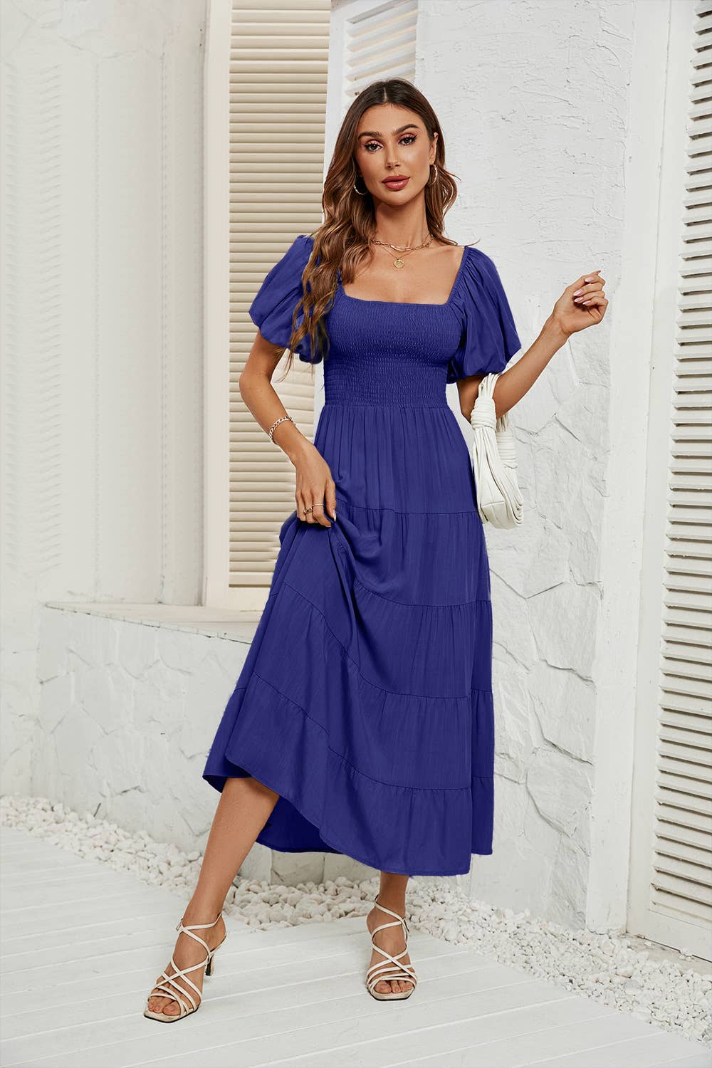 Solid-color high-waisted cinched waist dress