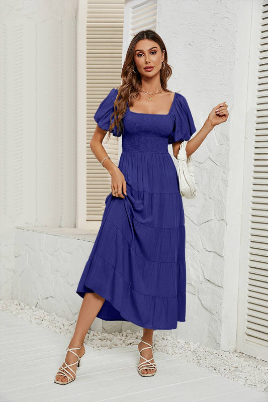 Solid-color high-waisted cinched waist dress