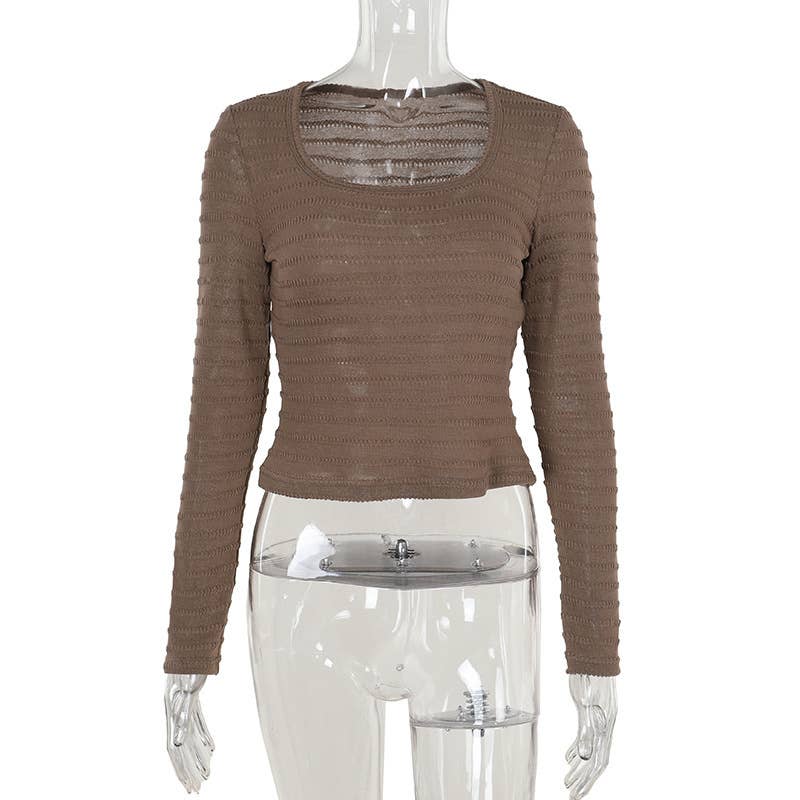 Simple style solid color texture striped square collar top