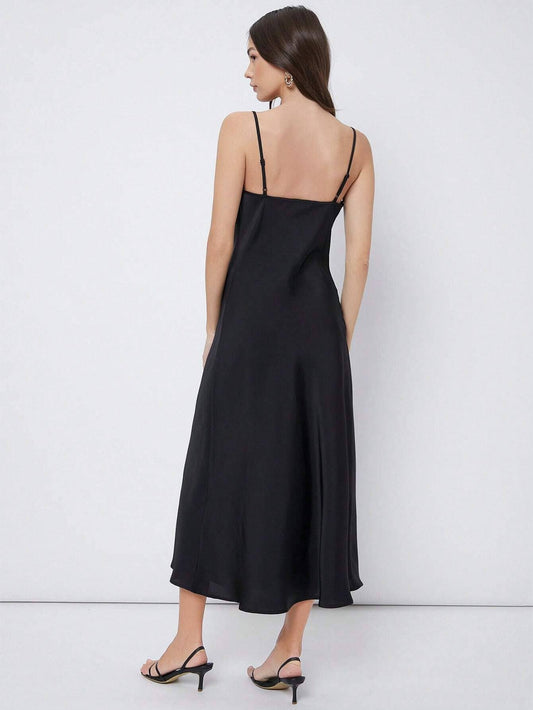 Party swing neck slip dress in lustrous satin