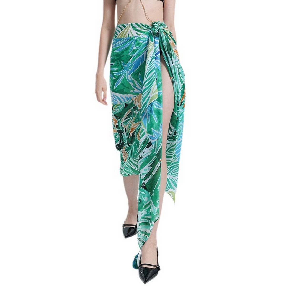 Banana Leaf Print Scarf - Green Summer Beach Wrap_CWASC0676