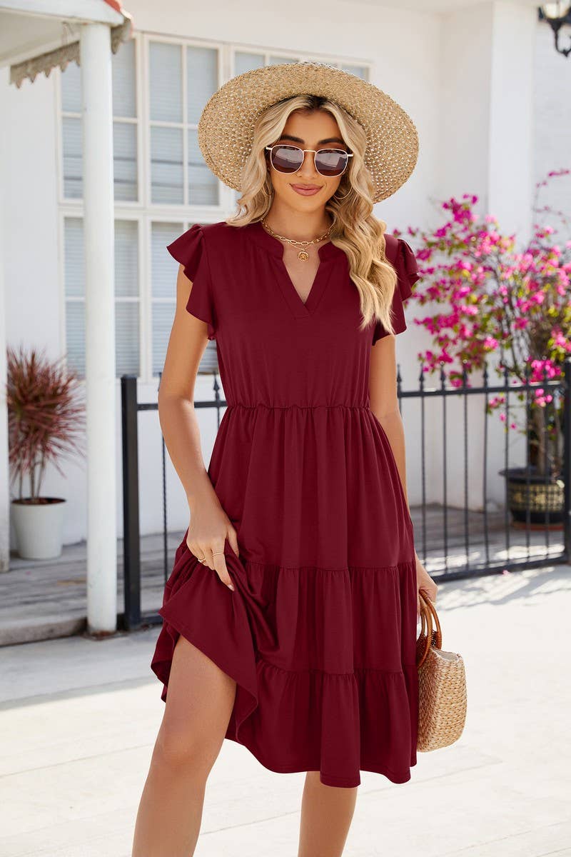 V NECK LOTUS SHORT SLEEVE SOLID COLOR DRESS_CWDSD2774