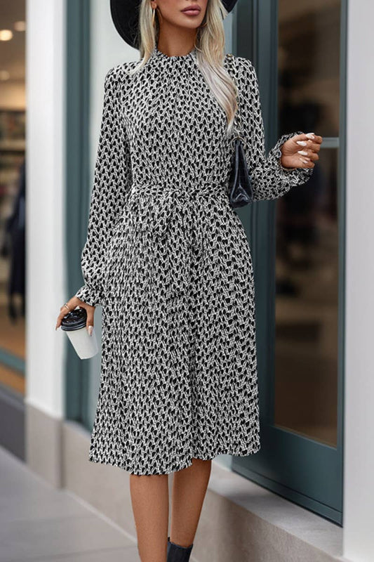 CWDMD4061_CREW-NECK PRINT LACE-UP LONG-SLEEVED DRESS