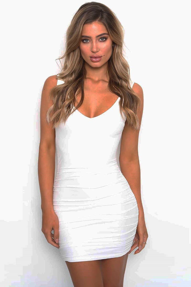 CWDSD10765_V NECK BACKLESS BODYCON SEXY DRESS