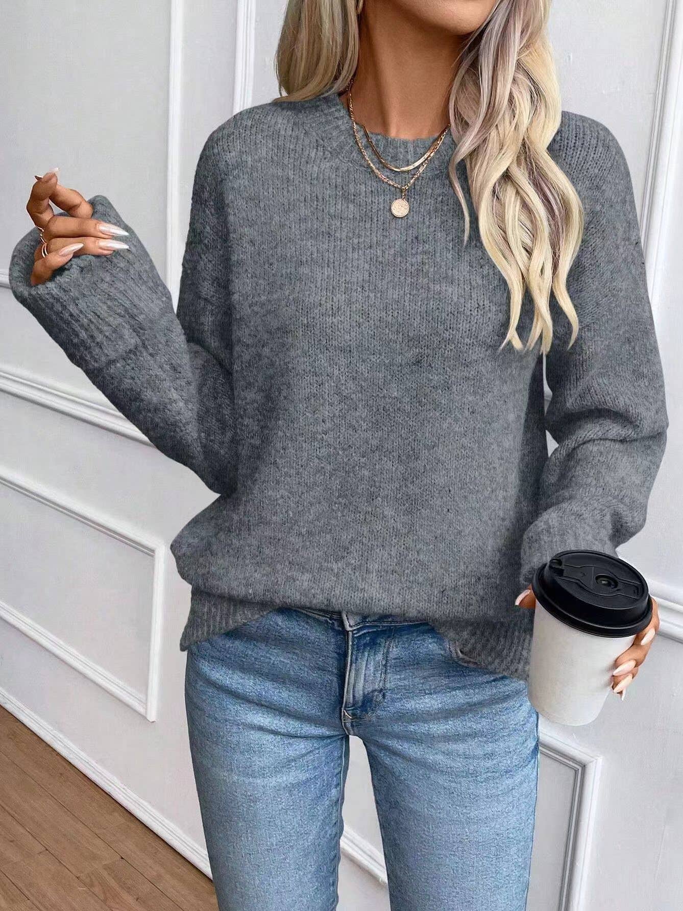 SOLID COLOR CREW NECK COMFORTABLE CASUAL SWEATER