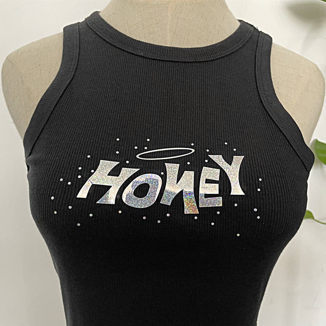 HONEY letter laser glitter crop tank top