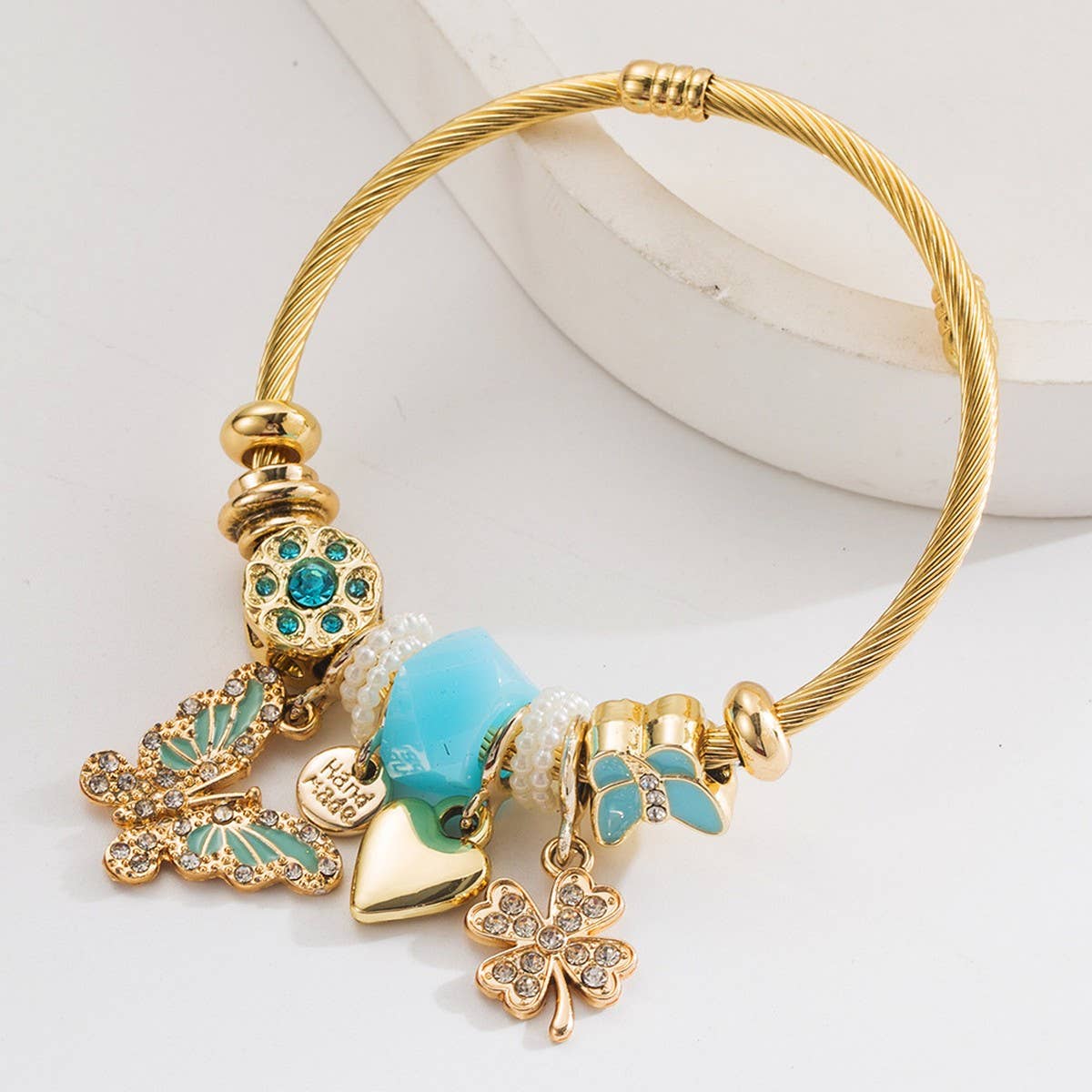 Adjustable Steel Bracelet with Butterfly & Clover_CWMM8600