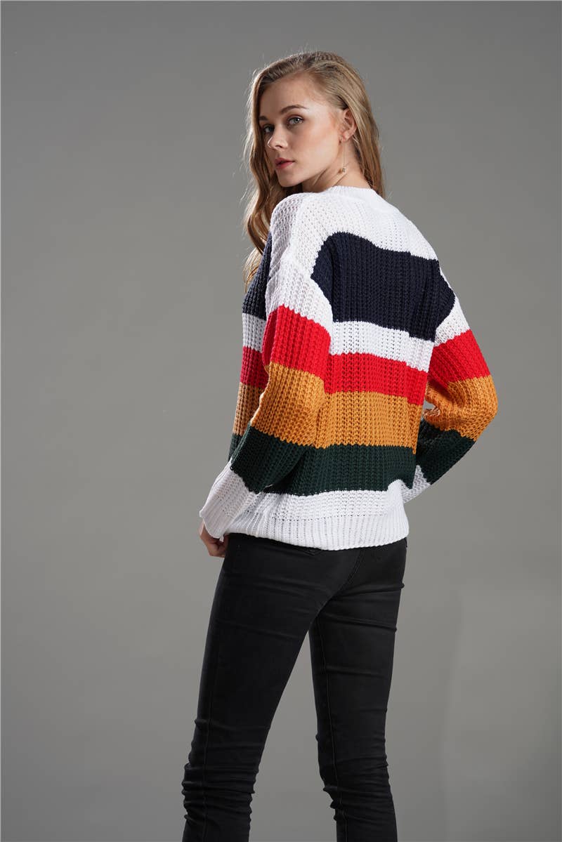 WOMEN'S LOOSE RAINBOW PATCHWORK PULLOVER SWEATER