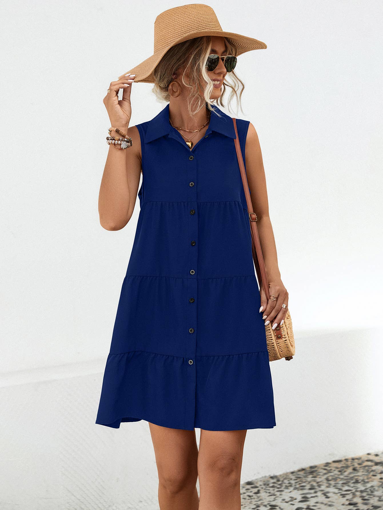 LAPEL PATCHWORK SLEEVELESS SOLID COLOR DRESS