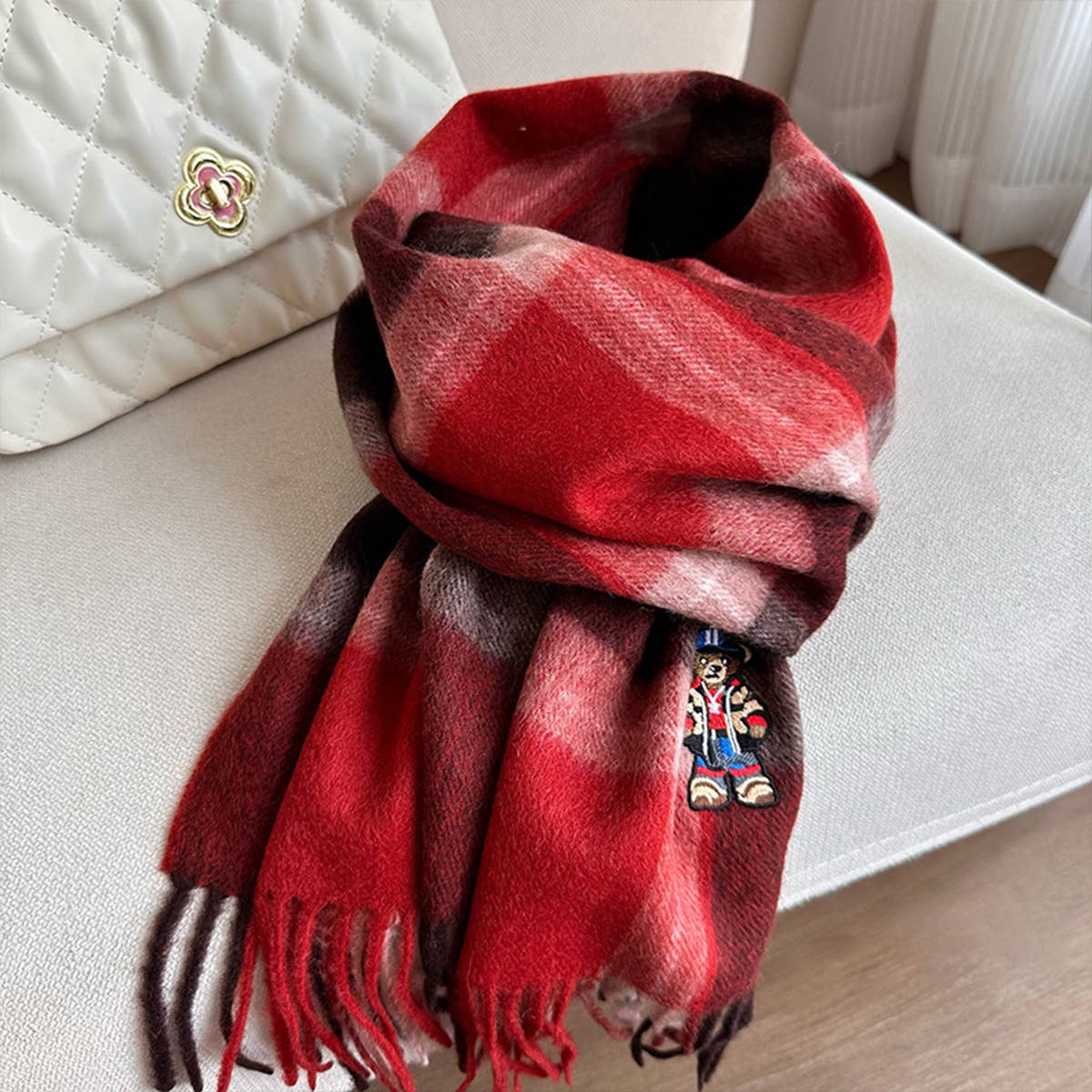 British Plaid Bear Scarf - Unisex Winter Warm Wrap_CWASC1496