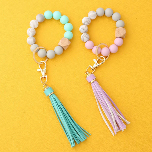 Tassel Wood & Silicone Bead Bracelet Keychain