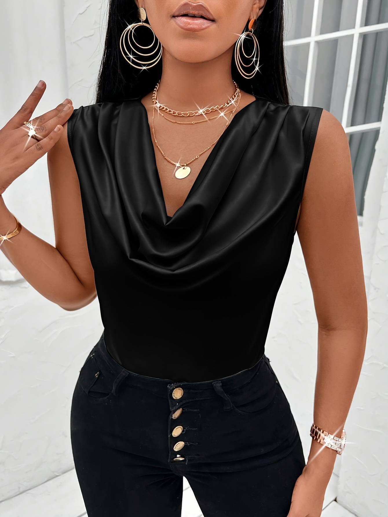 Sexy swing neck tank top sleeveless satin Top