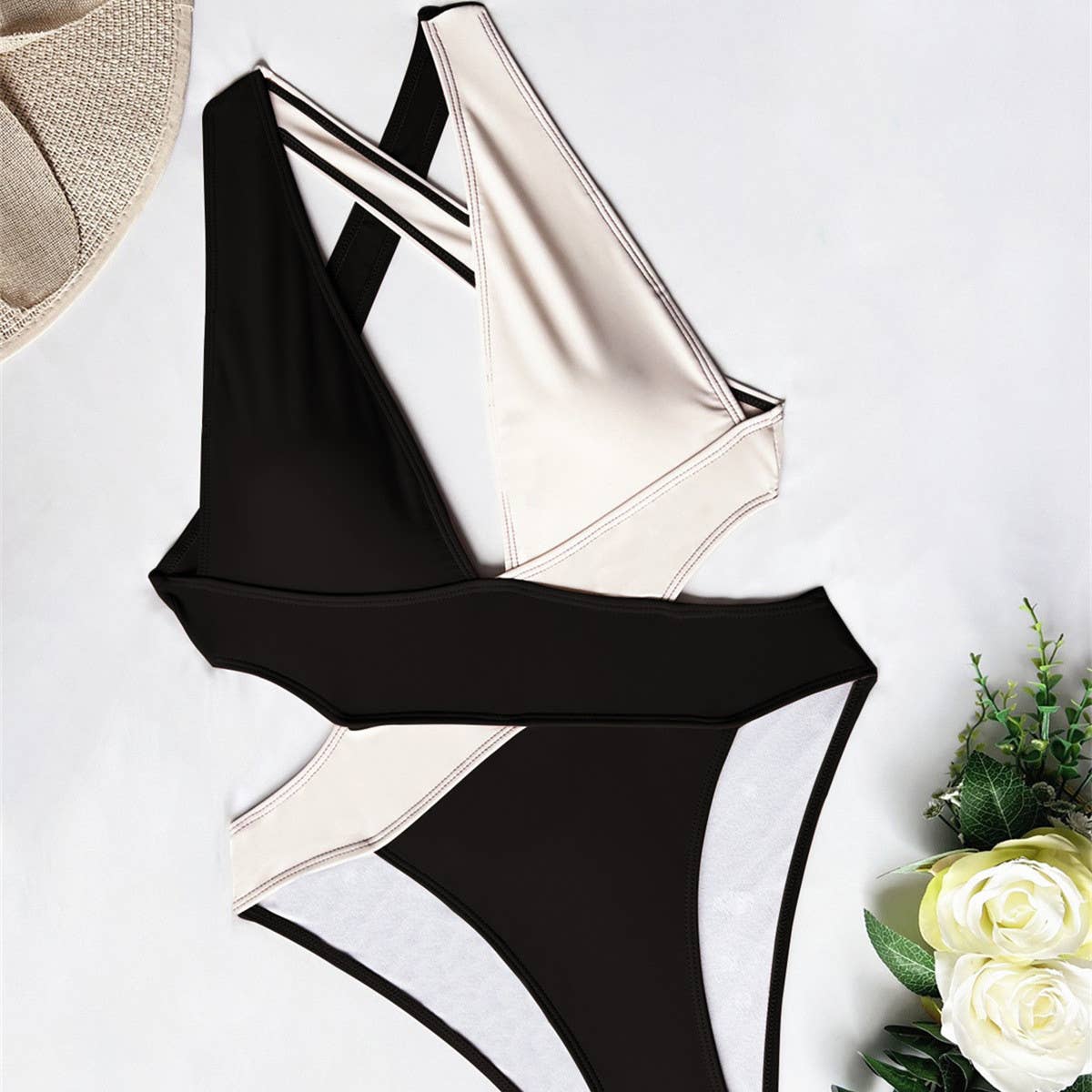 CROSS-CONTRAST ONE-PIECE SWIMSUIT