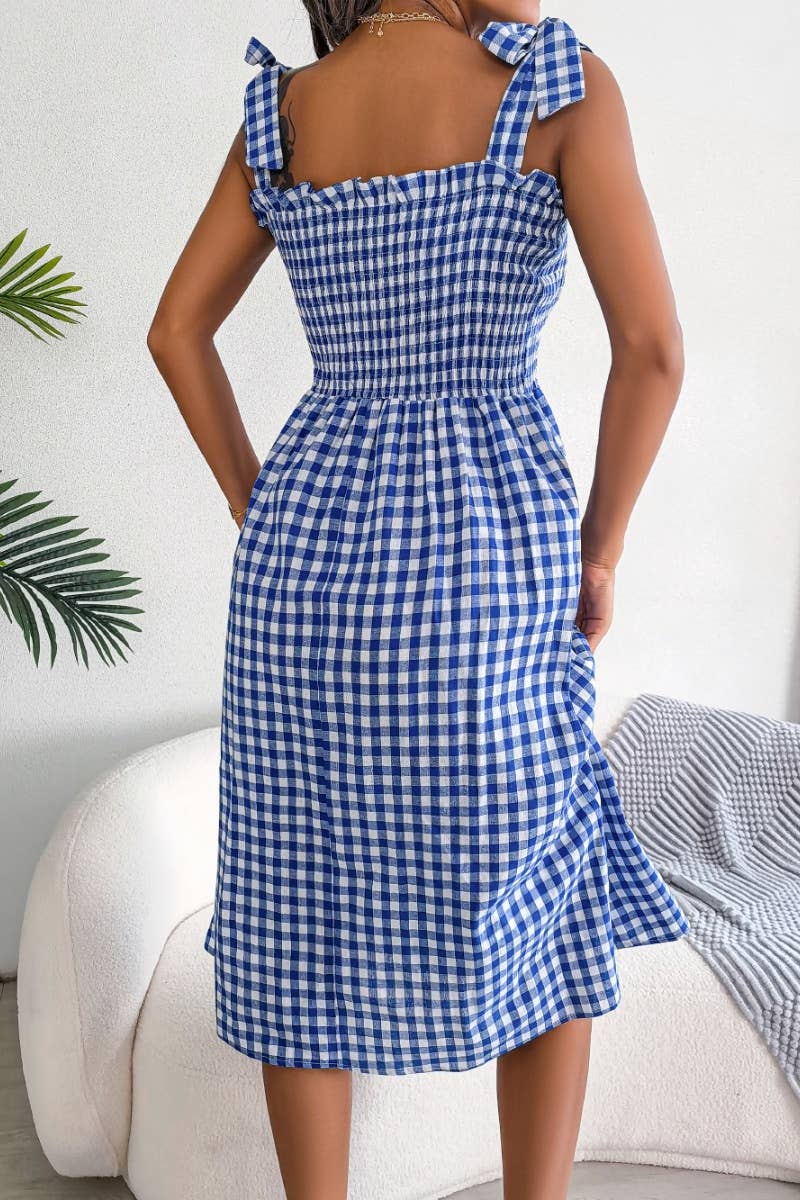 CWDHL0520_SUMMER CASUAL LACE-UP PLAID DRESS MID-LENGTH