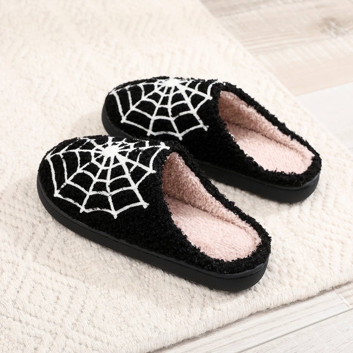 HALLOWEEN SPIDER WEB EMBROIDERED COTTON SLIPPERS