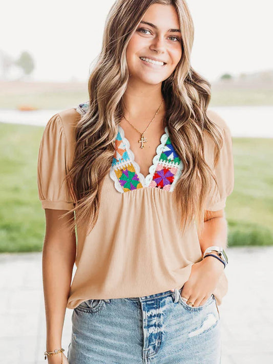 V-neck multi-color crocheted chiffon shirt