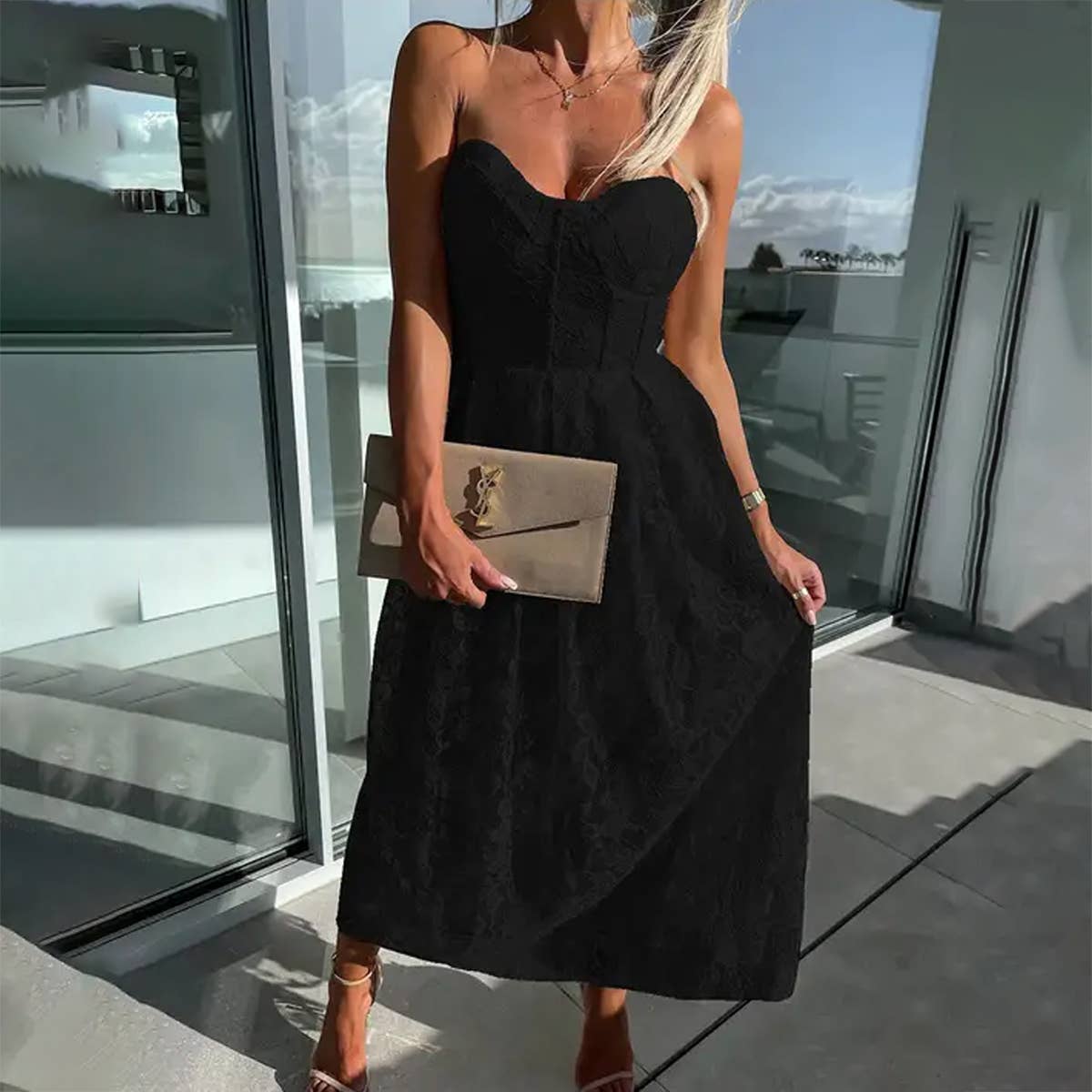 SEXY BREAST WRAP LACE LONG SOLID COLOR DRESS