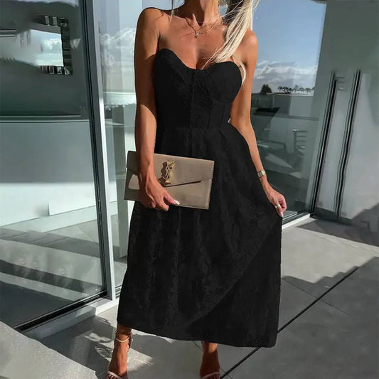 SEXY BREAST WRAP LACE LONG SOLID COLOR DRESS