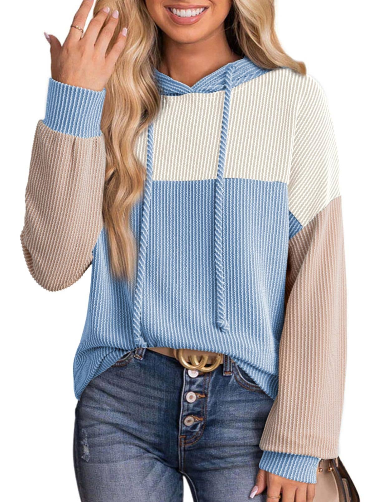 Twisted striped color-blocked hooded sweatshirt