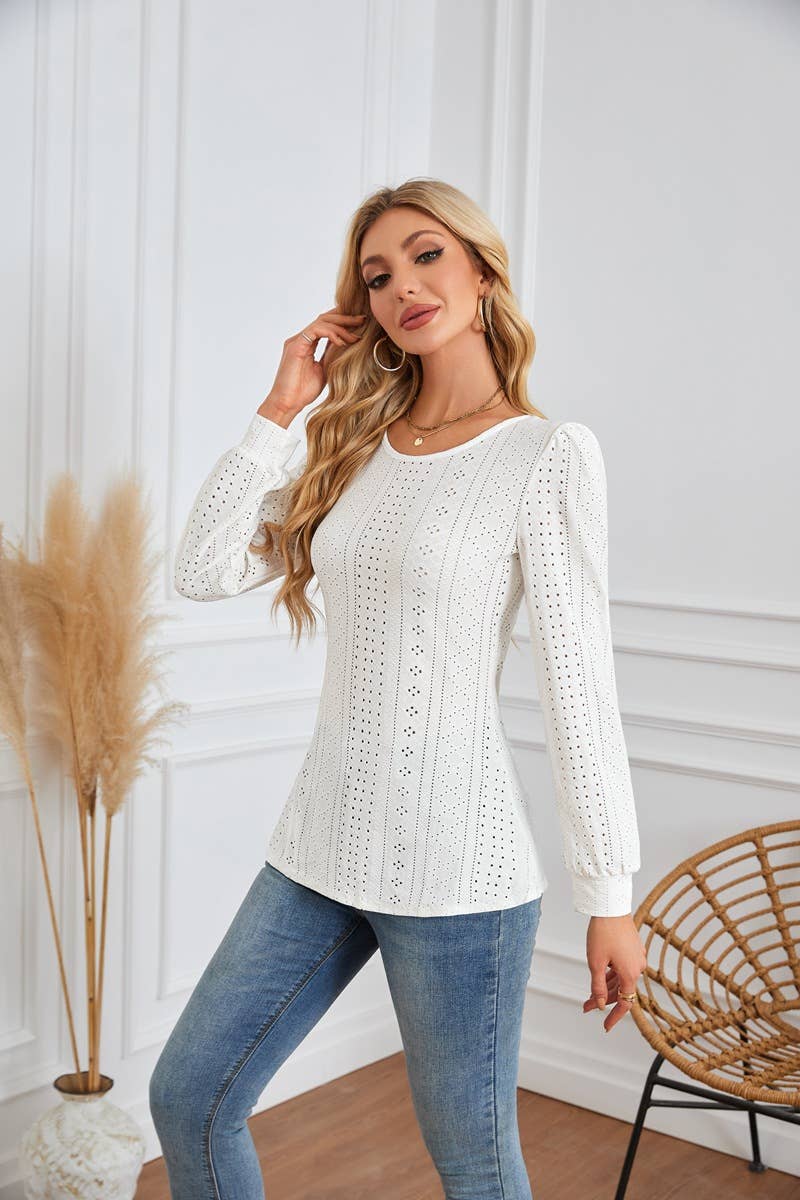 ROUND NECK T-SHIRT WITH HOLES AND PUFFY SLEEVES