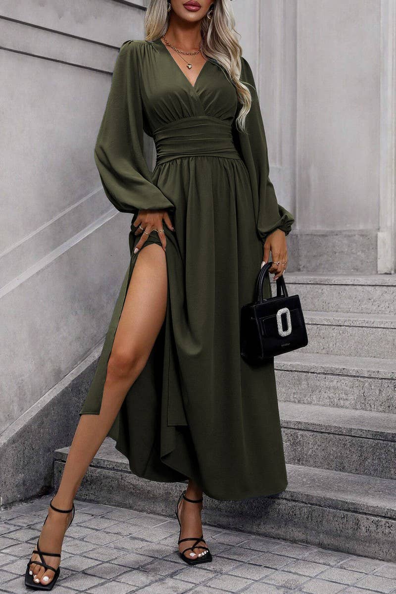 CWDMD3950_V-NECK LANTERN SLEEVES HIGH SLIT DRESS