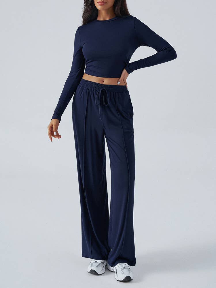 TEMPERAMENT ROUND NECK TOP WIDE LEG PANT SUIT
