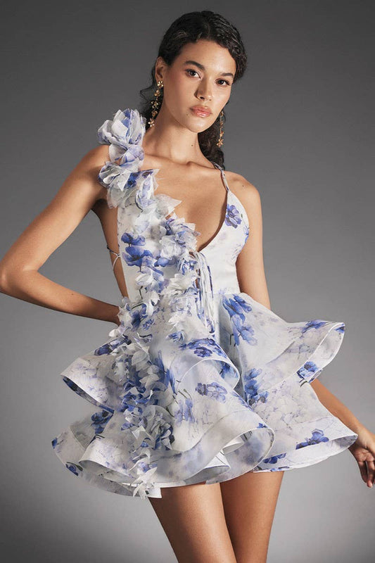 CWDSD8559_SLIM FIT V-NECK HALTER BACKLESS FLORAL SKIRT DRESS