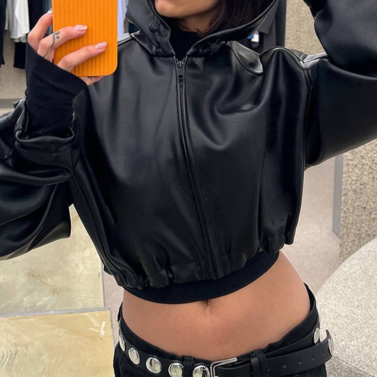 STREET PU LEATHER HOODED SHORT LOOSE COAT