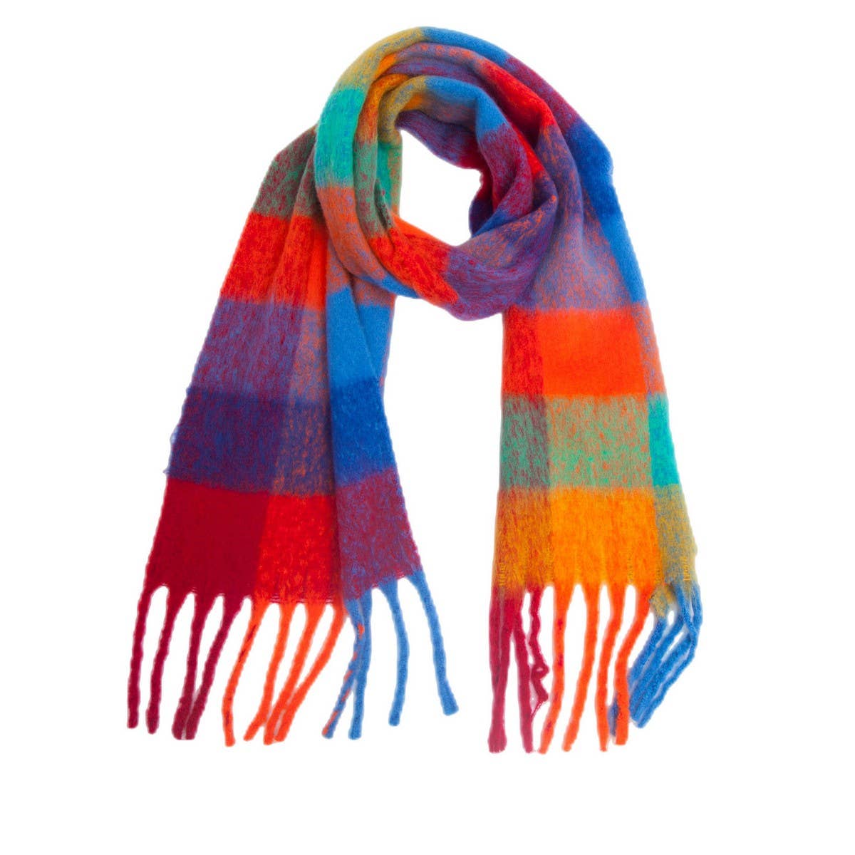 Rainbow Plaid Fuzzy Scarf--Thick Winter Shawl Wrap_CWASC1051