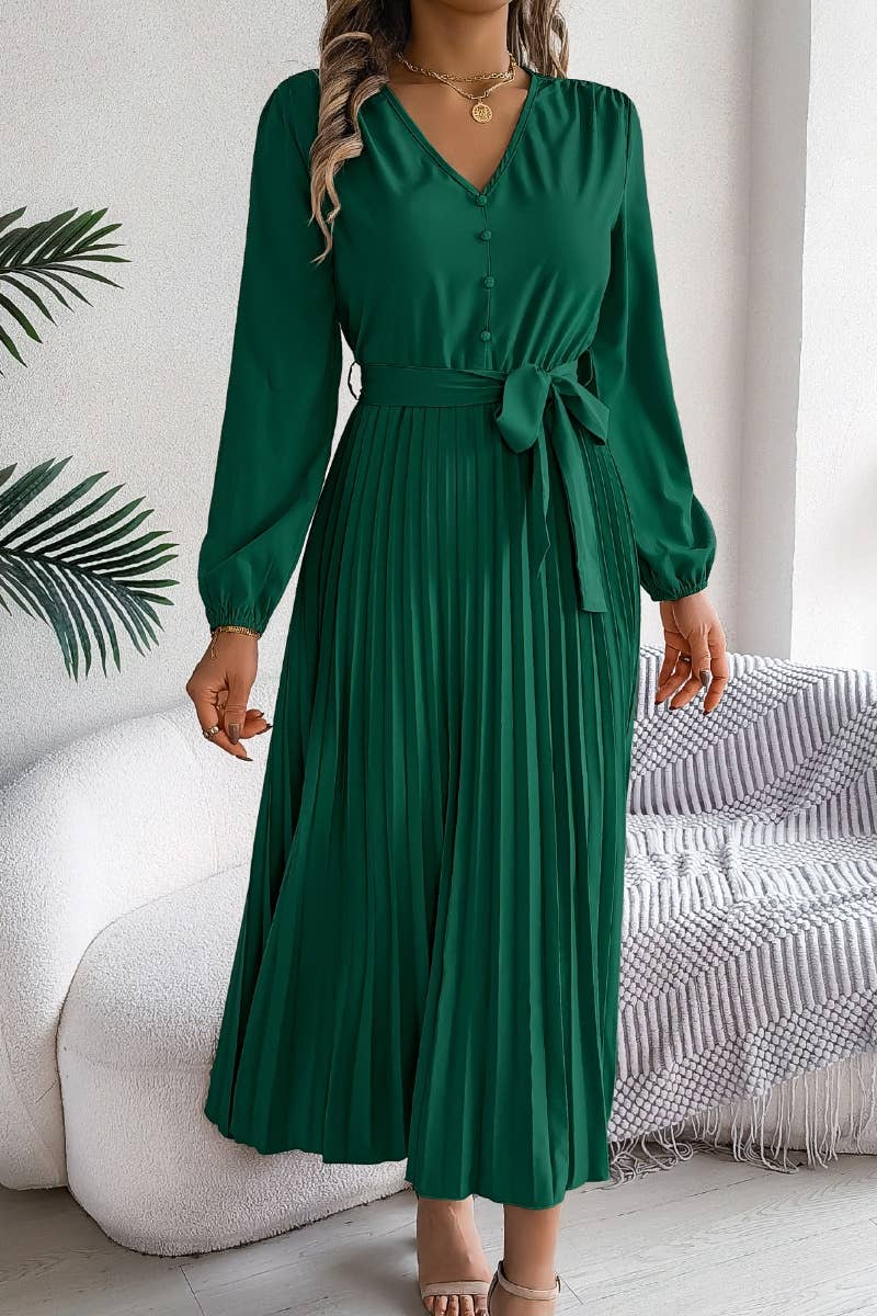 CWDMD3479_V-NECK LONG SLEEVE LACE-UP PLEATED DRESS LONG
