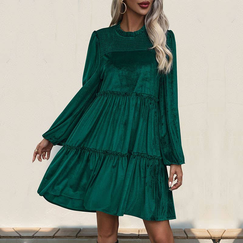 VELVET RUFFLED PATCHWORK PULLOVER DRESS
