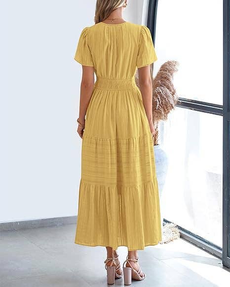 V-neck pleated puffy sleeve short sleeved dress