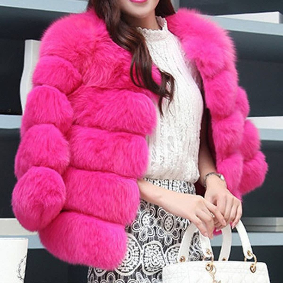 Women's Short Faux Fur Jacket Long Sleeve