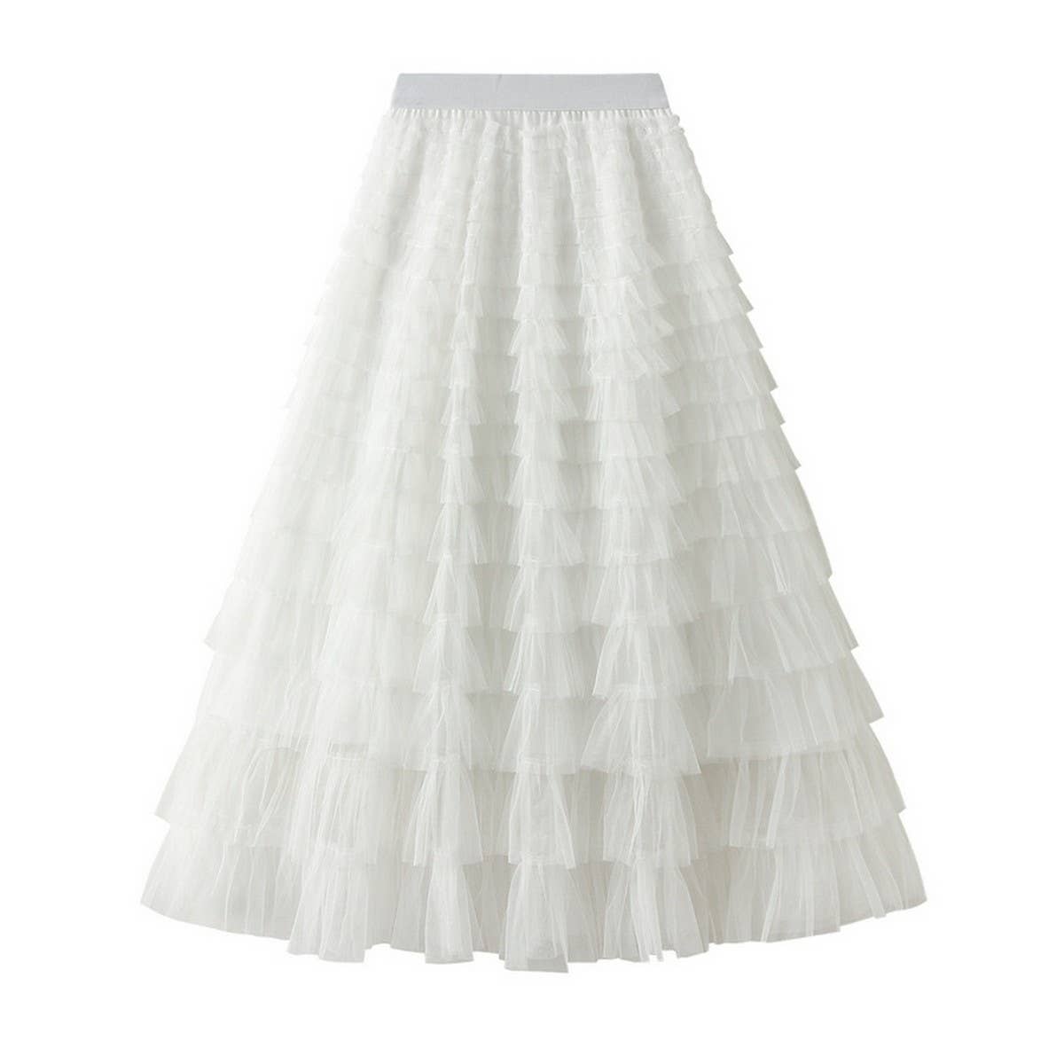 White Tulle Tiered Pleated A-Line Maxi Skirt